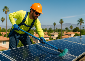 BJ's Window Cleaning technicians cleaning solar panels in Santa Ana California